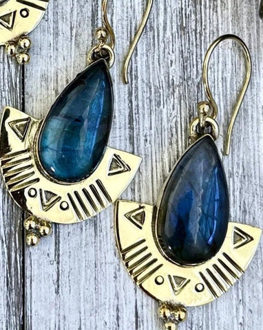 Etched Brass and Labradorite Earrings