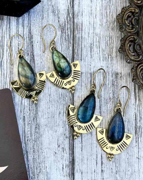 Etched Brass and Labradorite Earrings